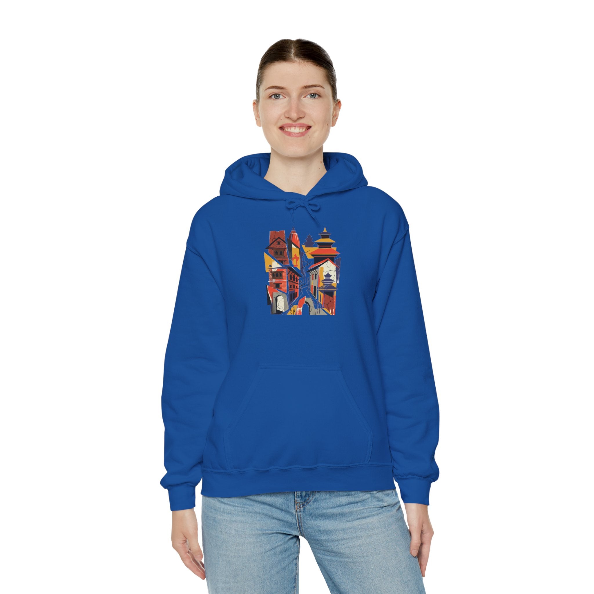 Cityscape Collage Hoodie — Colorful Urban Architecture Graphic Hoodie