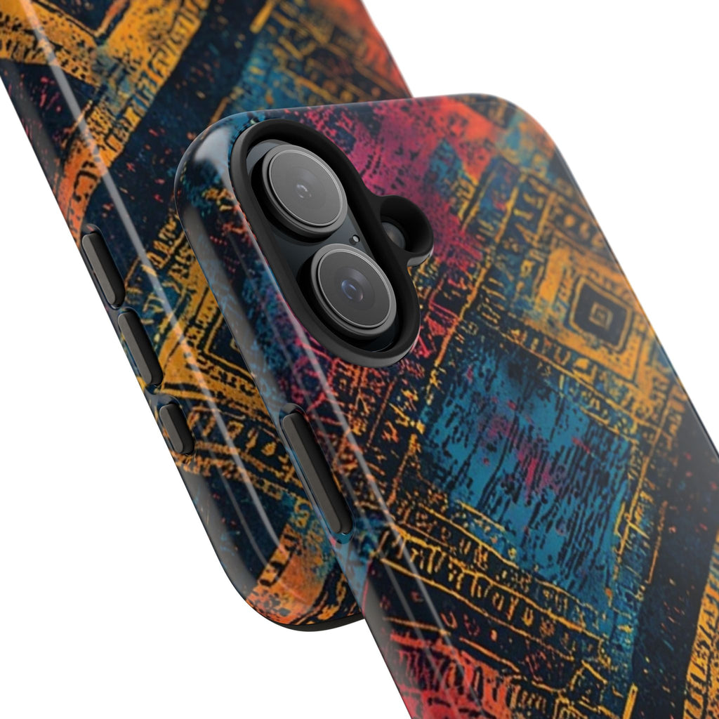 Tough Phone Case – Abstract Rustic Geometric Design (Blue, Orange, Magenta)