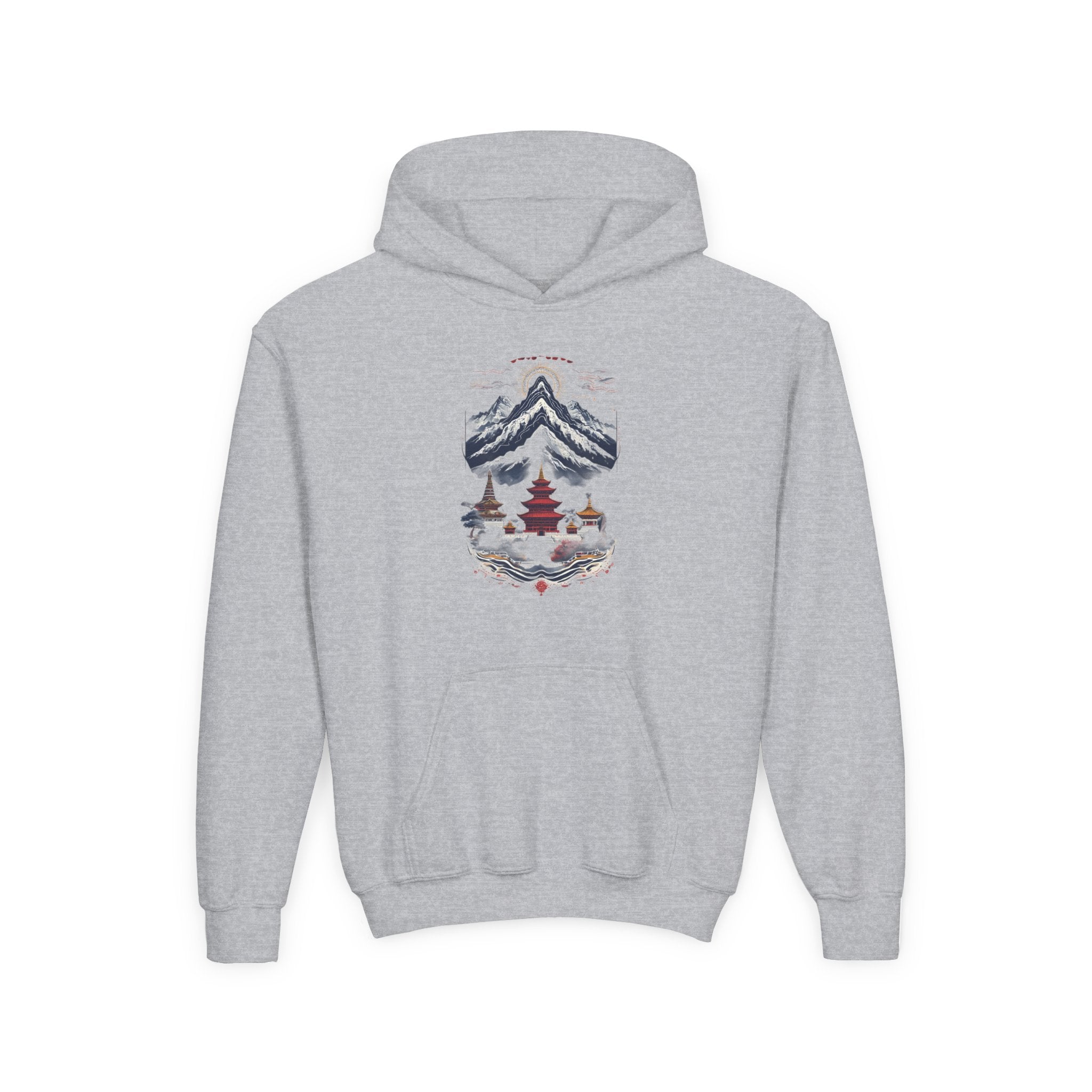 Youth Hoodie — Mountain Pagoda Watercolor Graphic (Asian Temple Winter Vibe)