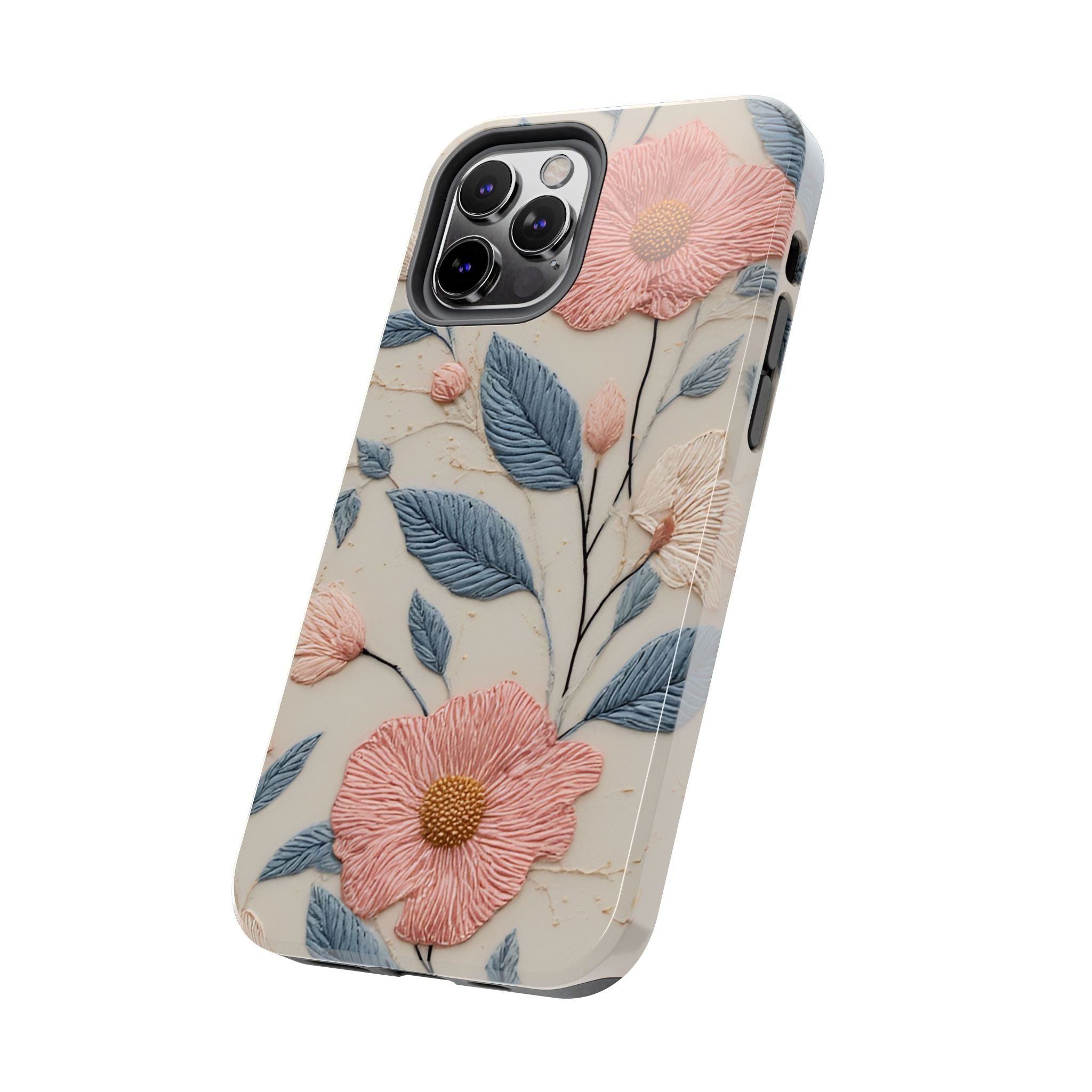 Floral Embroidered Tough Phone Case — Pink Blossom Protective Phone Cover