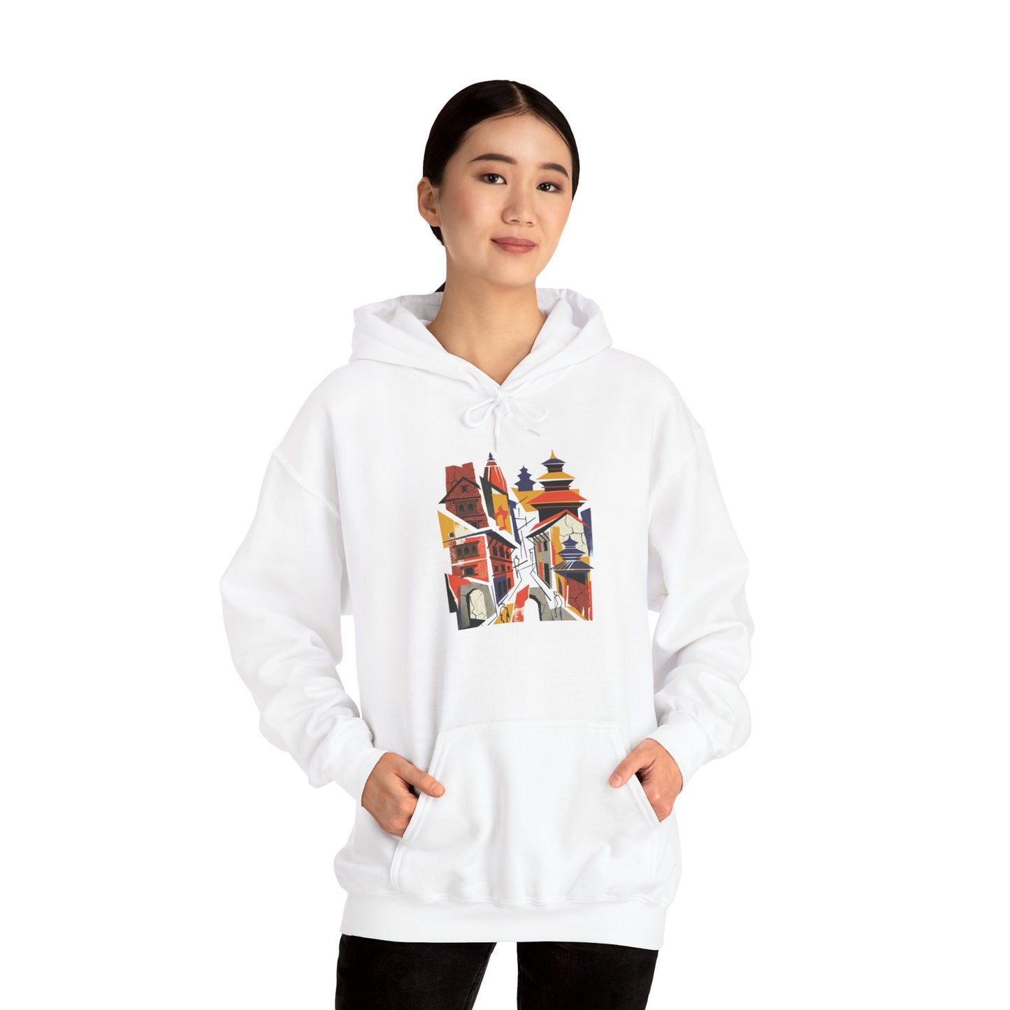 Cityscape Collage Hoodie — Colorful Urban Architecture Graphic Hoodie