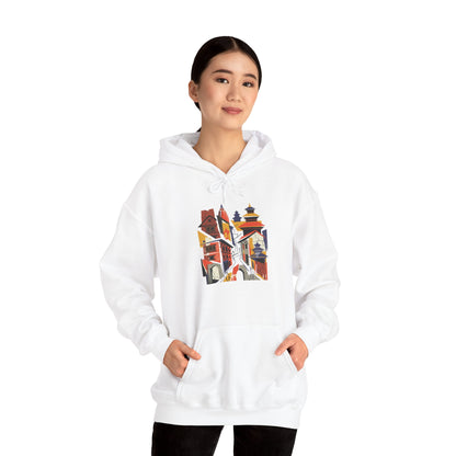 Cityscape Collage Hoodie — Colorful Urban Architecture Graphic Hoodie
