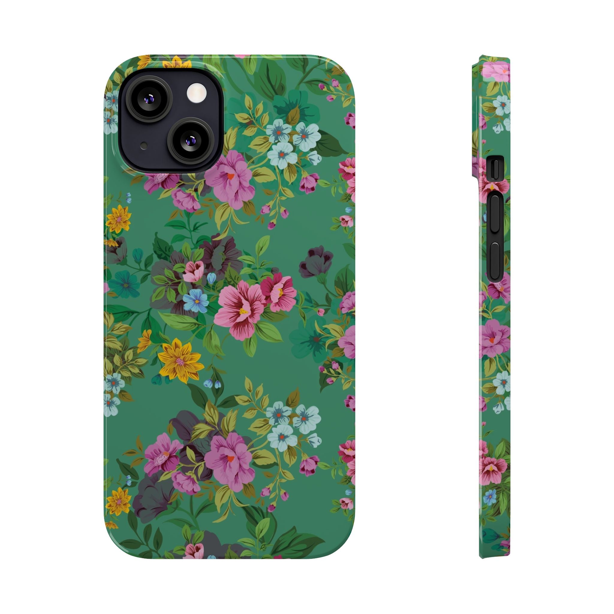 Floral Vintage Green Slim Phone Case — Pink & Yellow Garden Print