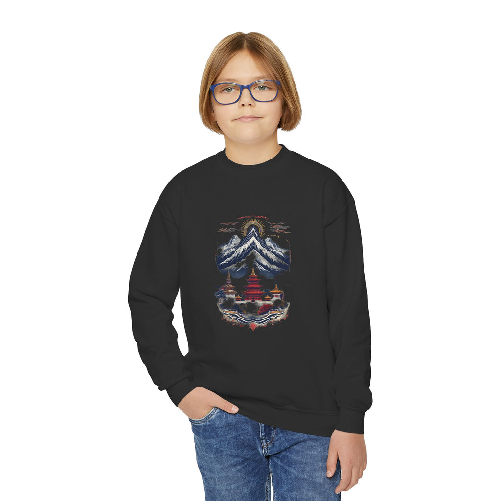 Youth Mountain Holiday Crewneck Sweatshirt — Cozy Winter Tree Graphic