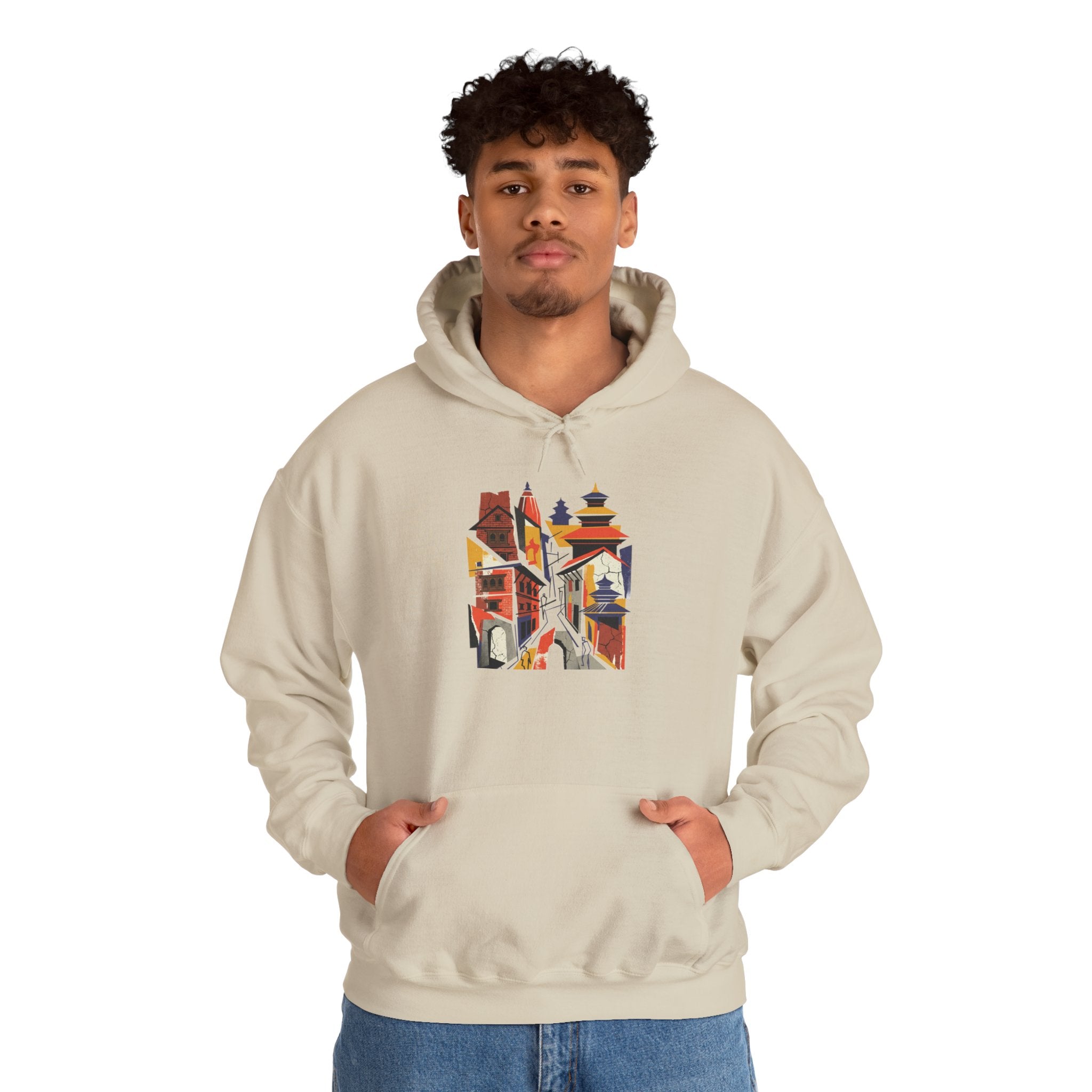 Cityscape Collage Hoodie — Colorful Urban Architecture Graphic Hoodie