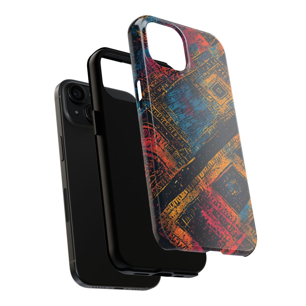Tough Phone Case – Abstract Rustic Geometric Design (Blue, Orange, Magenta)