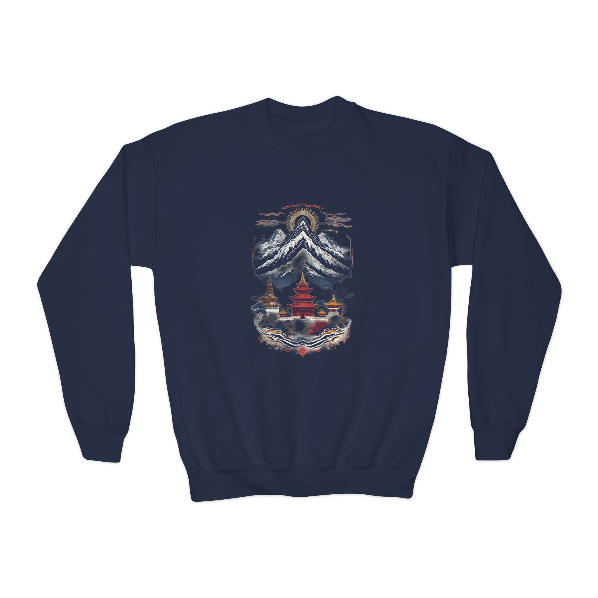 Youth Mountain Holiday Crewneck Sweatshirt — Cozy Winter Tree Graphic