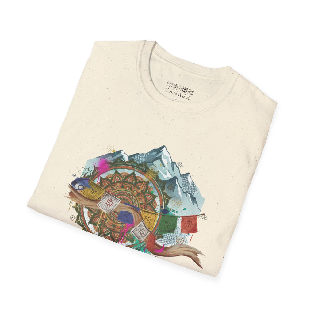 Adventure Compass T-Shirt — Mountain Compass with Prayer Flags & Colorful Globe