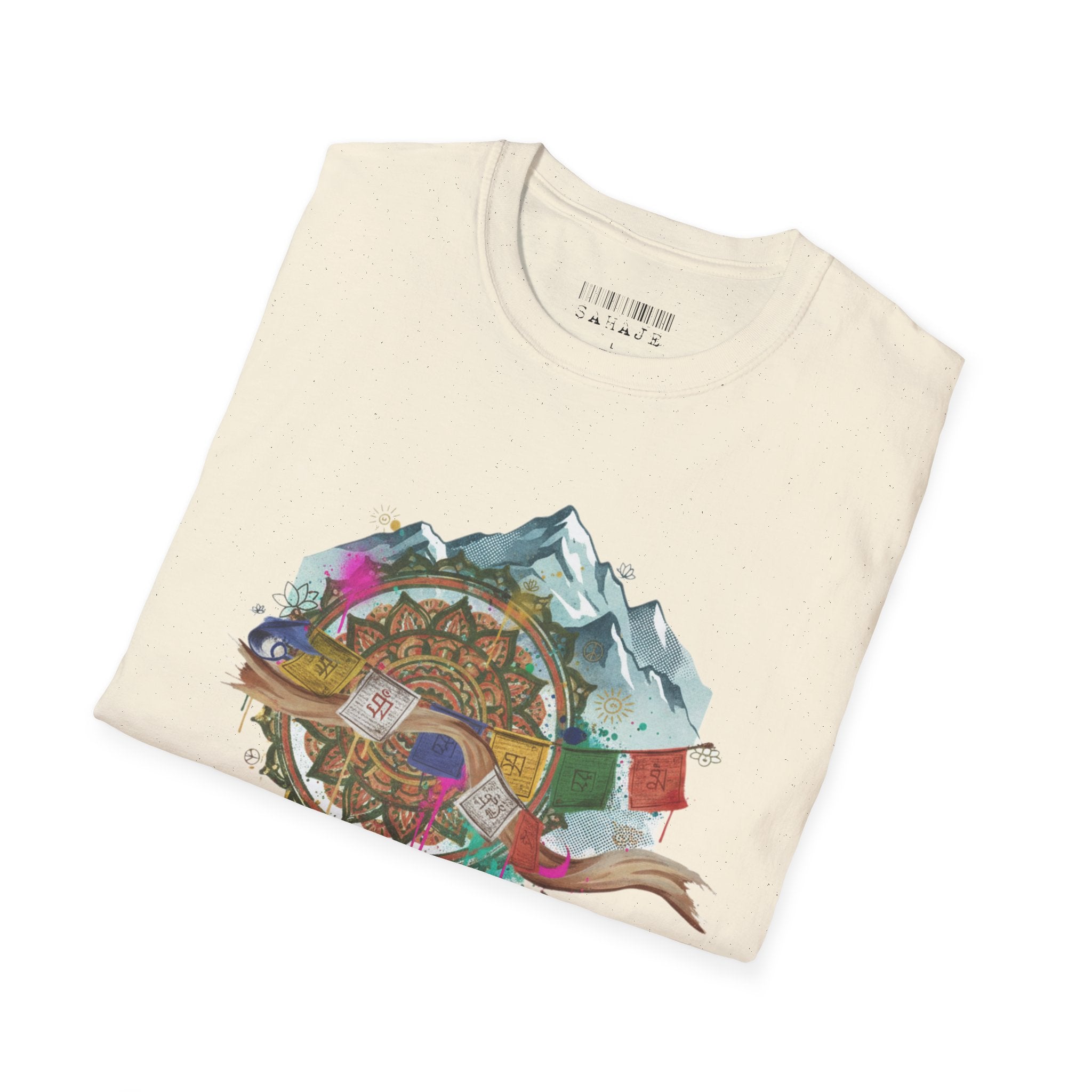 Adventure Compass T-Shirt — Mountain Compass with Prayer Flags & Colorful Globe