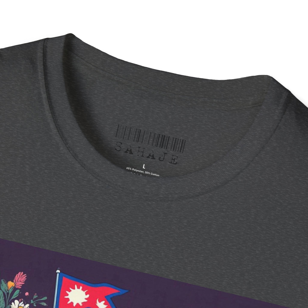 Bicycle Floral T-Shirt – Pink Bike with Baskets & "Sahaje" Text