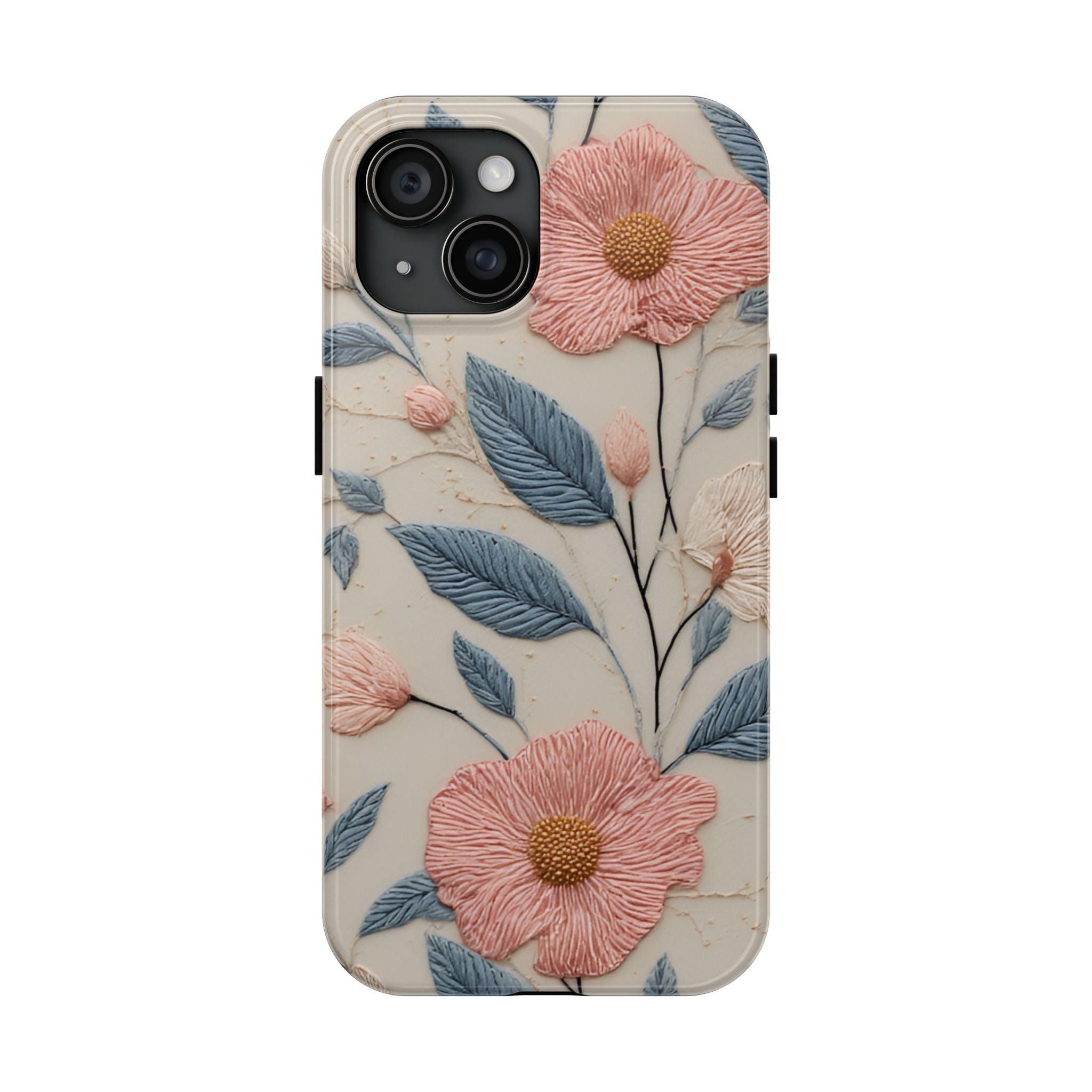 Floral Embroidered Tough Phone Case — Pink Blossom Protective Phone Cover
