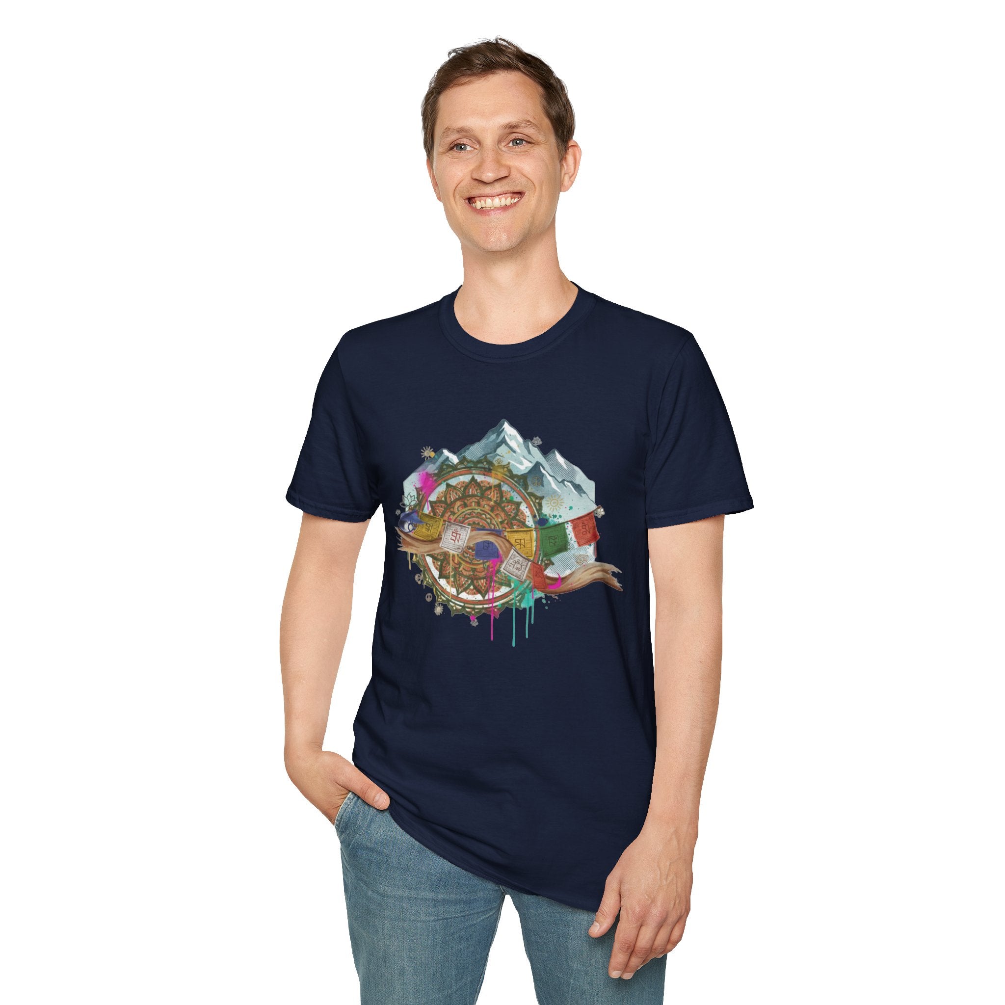 Adventure Compass T-Shirt — Mountain Compass with Prayer Flags & Colorful Globe