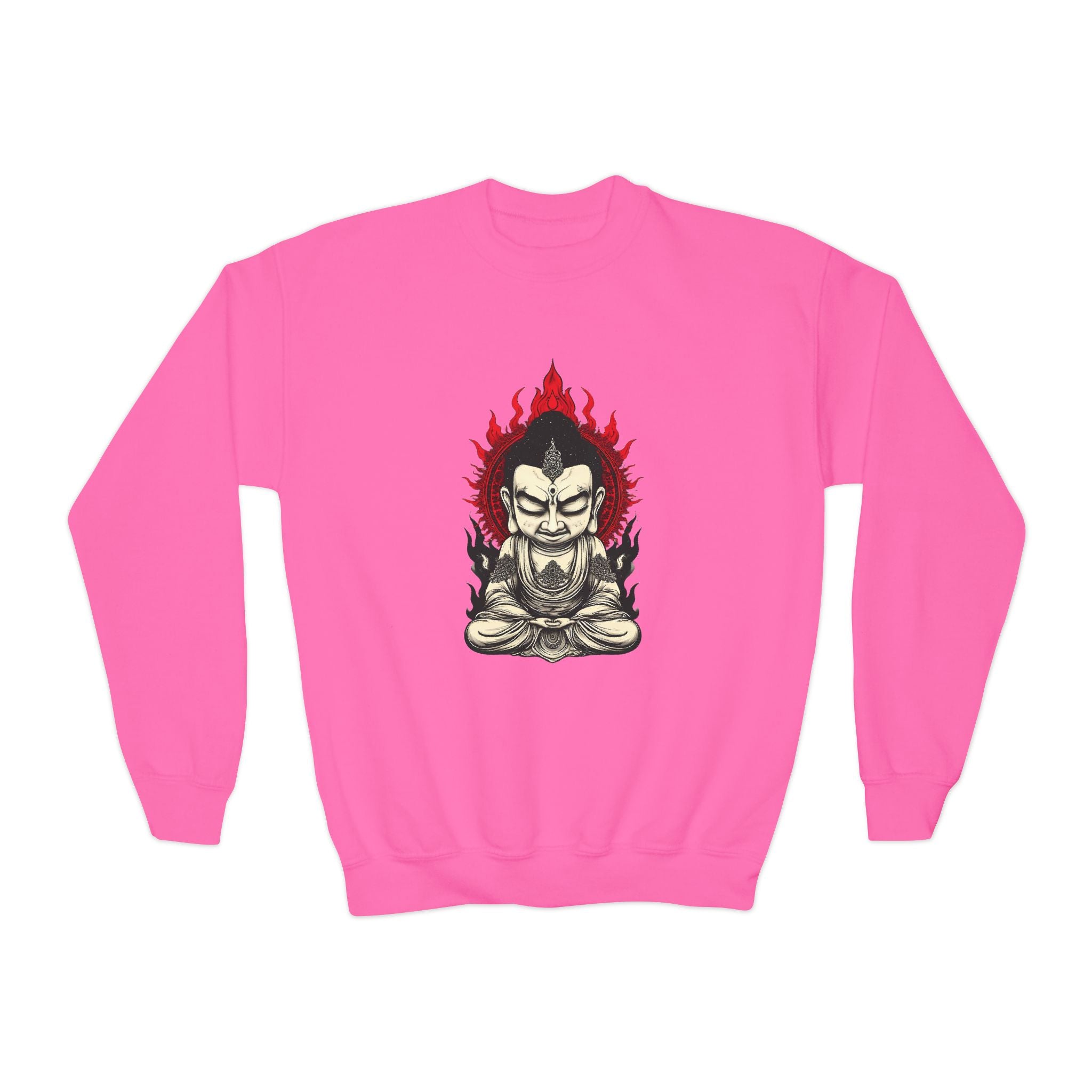 Flaming Meditating Buddha Youth Crewneck Sweatshirt — Zen Graphic Sweater for Kids