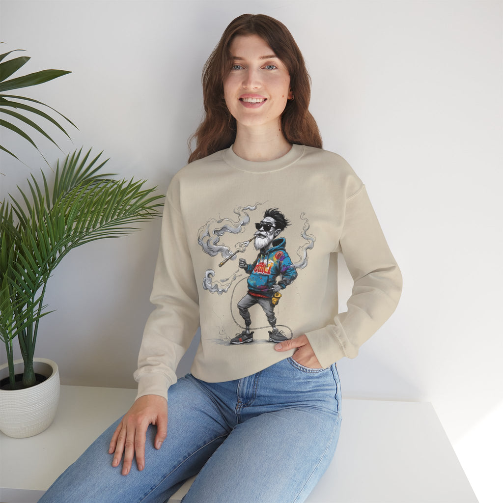 Crewneck Sweatshirt - Retro Cool Grandpa Smoking Pipe Illustration