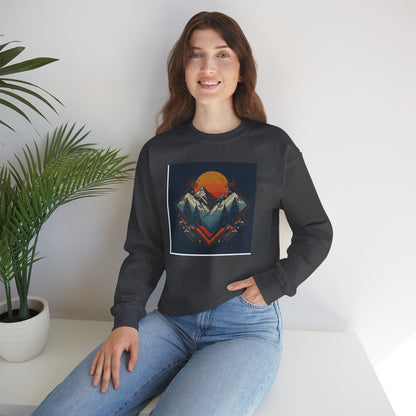 Mountain Sunset Crewneck Sweatshirt — Retro Geometric Peaks Graphic