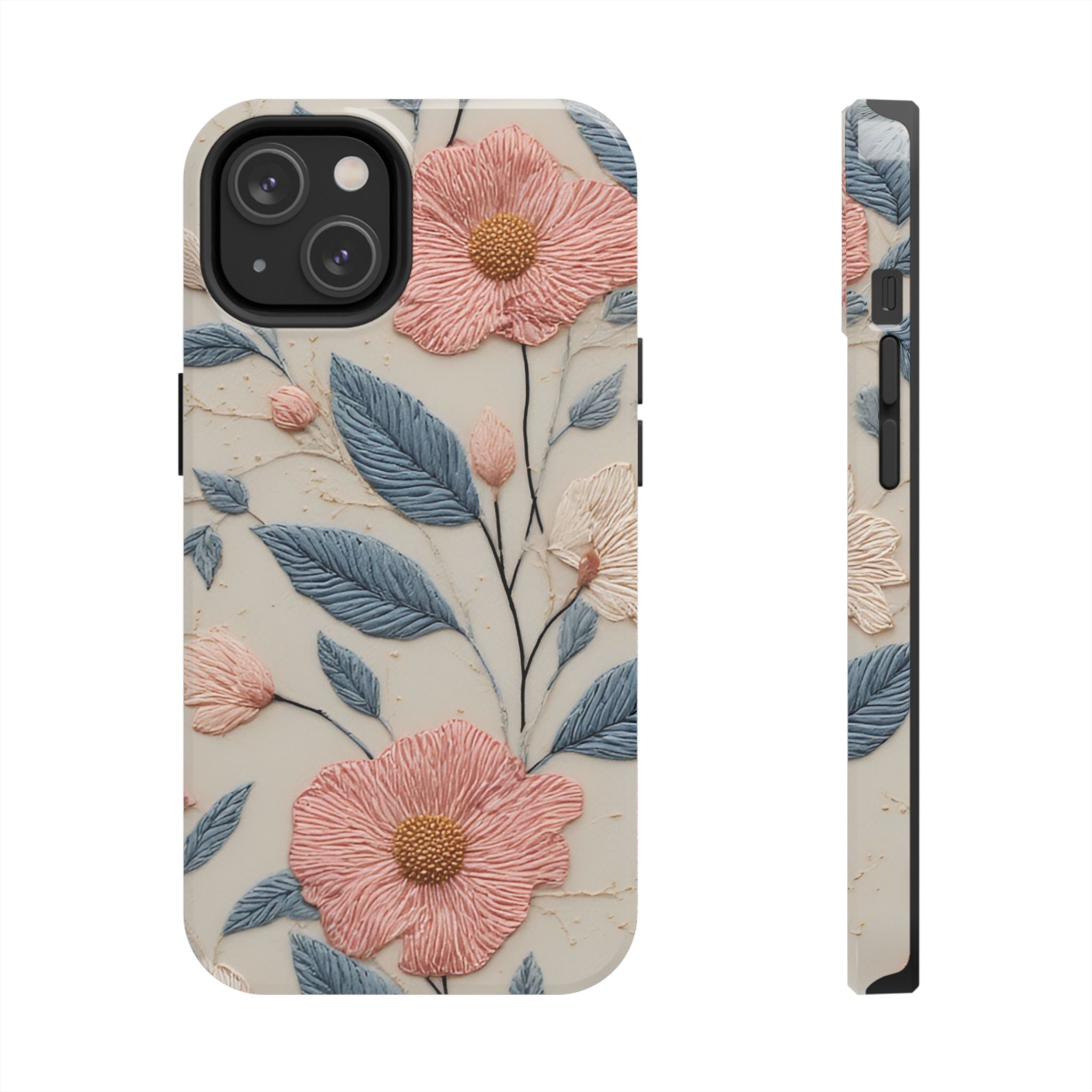Floral Embroidered Tough Phone Case — Pink Blossom Protective Phone Cover