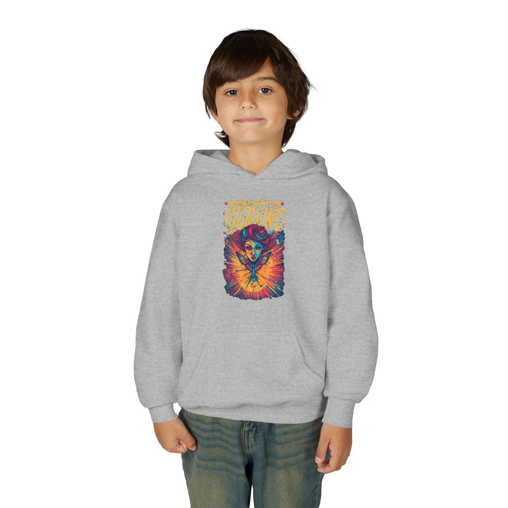 Youth Hoodie — Vibrant 'Evolving' Butterfly Girl Graphic Sweatshirt