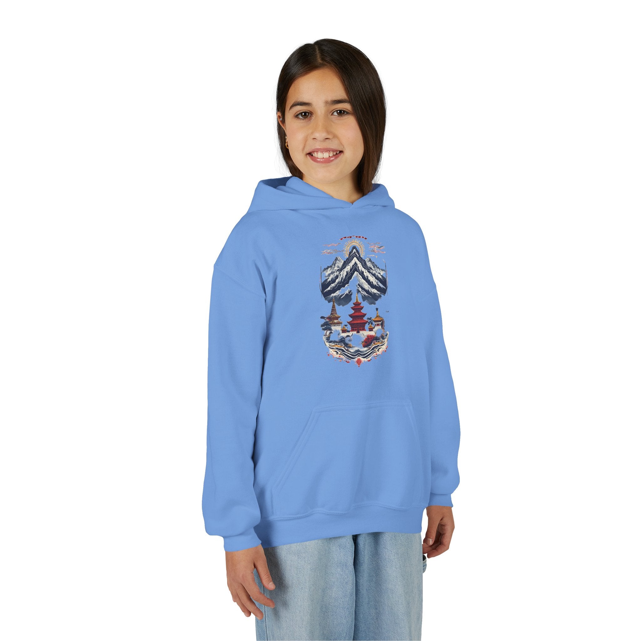 Youth Hoodie — Mountain Pagoda Watercolor Graphic (Asian Temple Winter Vibe)