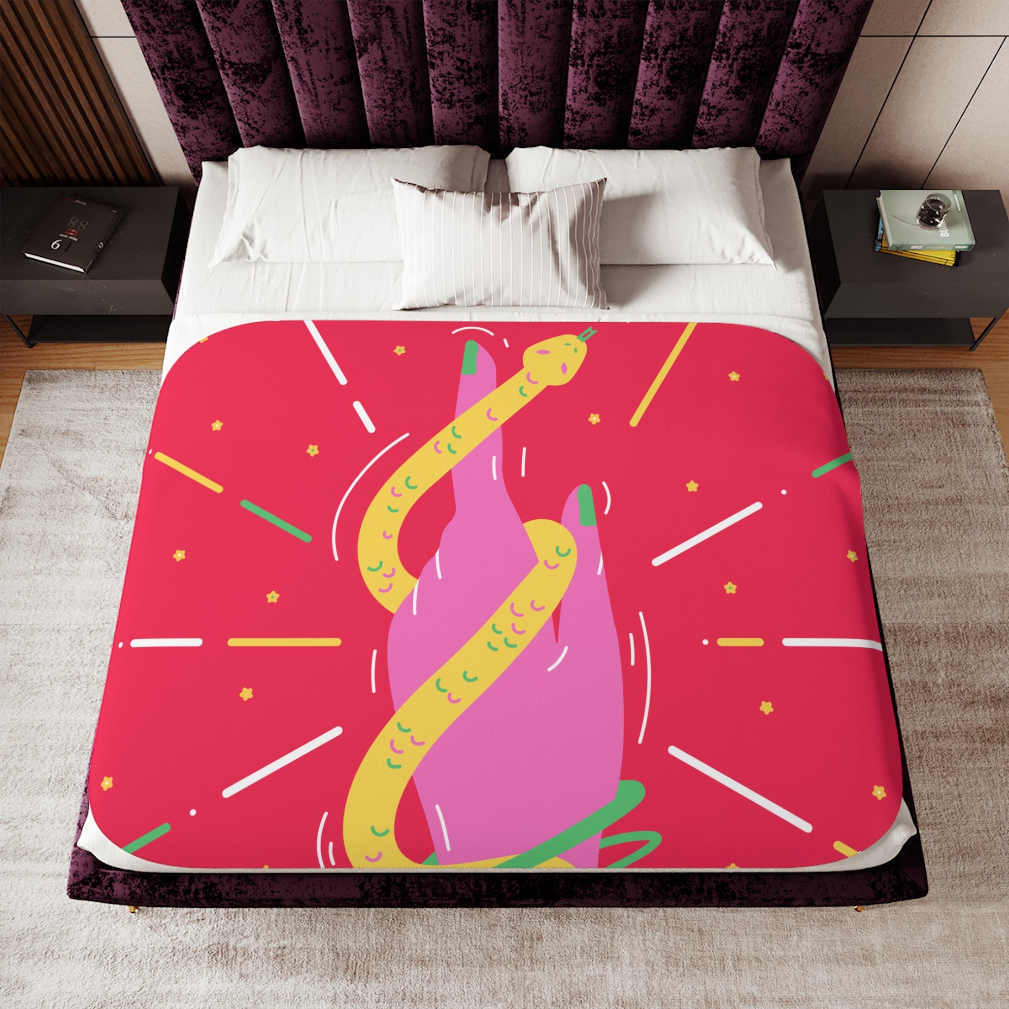 Colorful Snake & Flame Sherpa Blanket — Cozy Two-Tone Throw