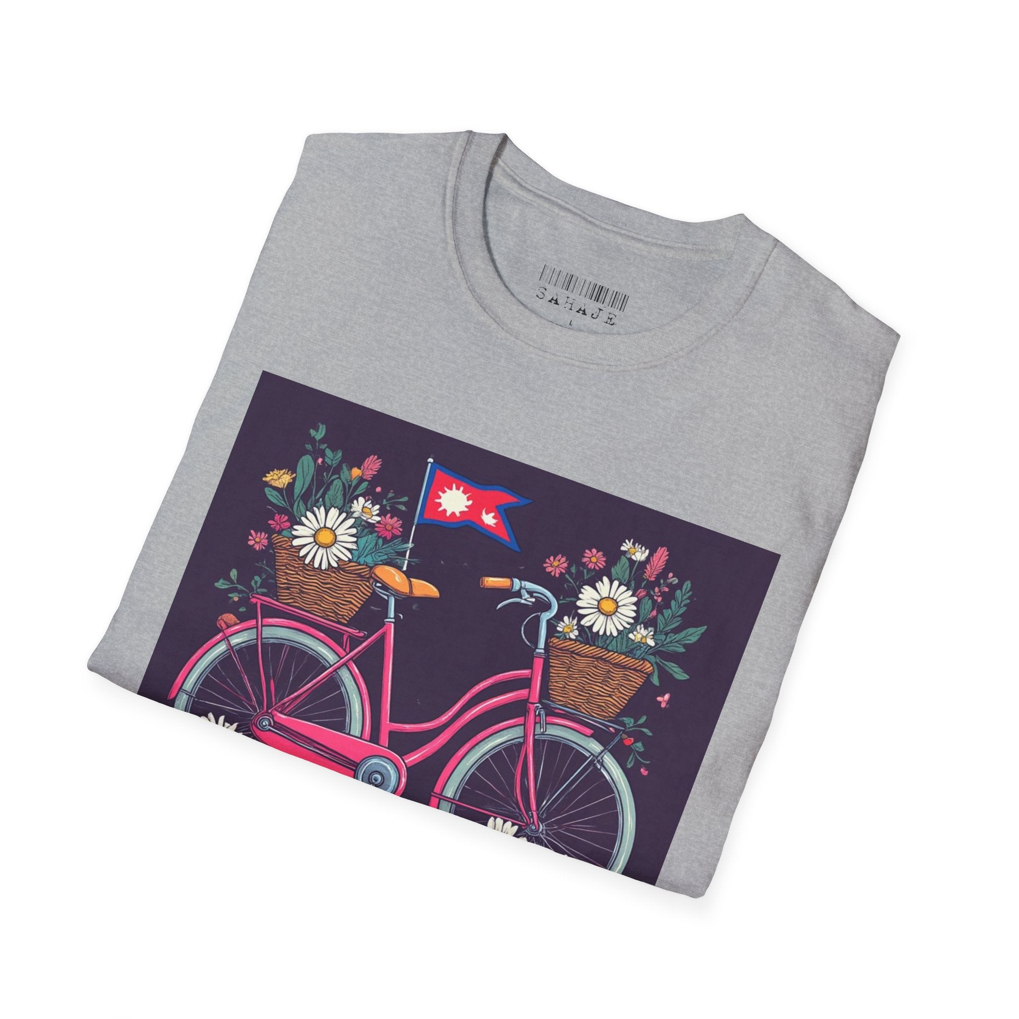 Bicycle Floral T-Shirt – Pink Bike with Baskets & "Sahaje" Text