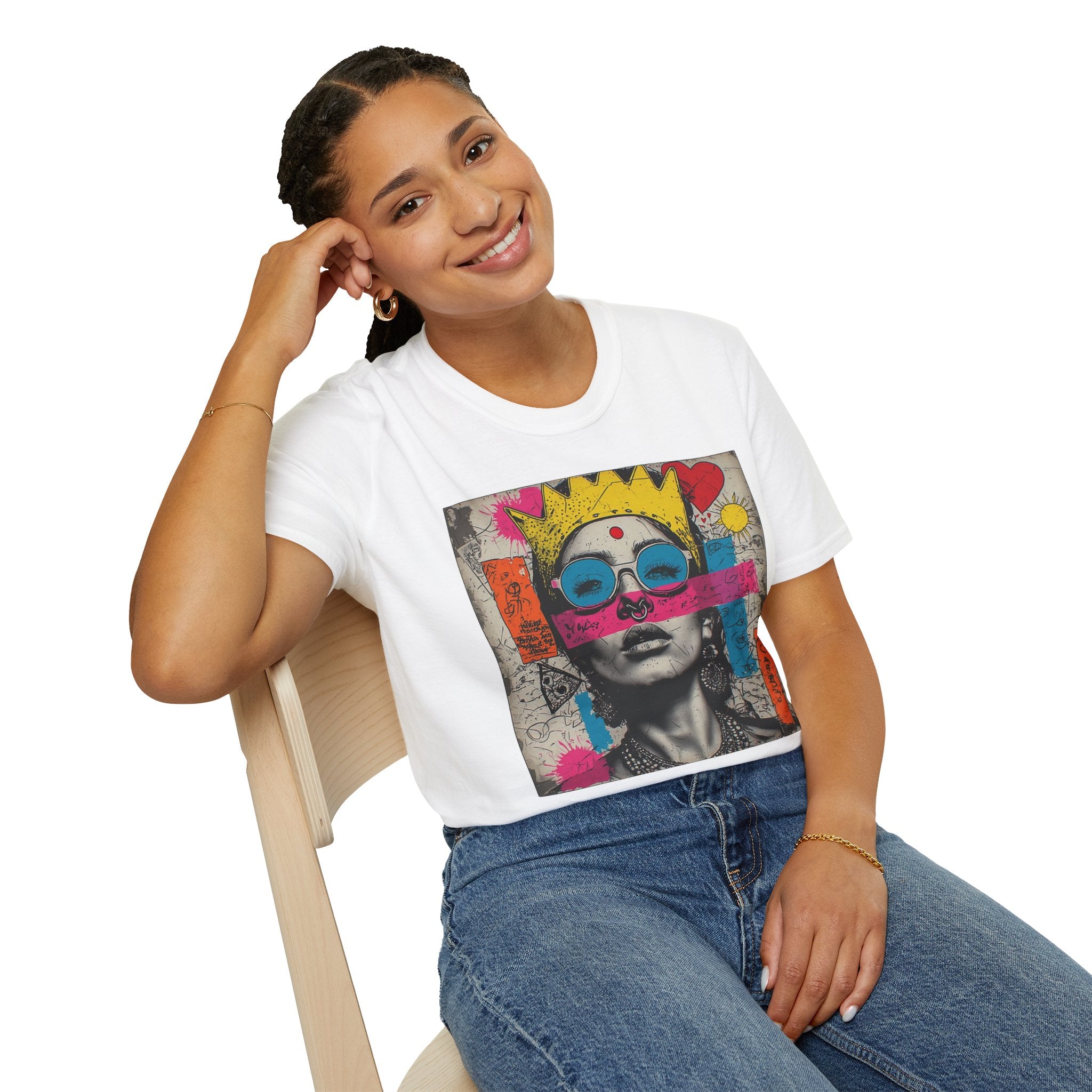 Abstract Pop Art Portrait T-Shirt — Neon Crown & Sunglasses Graphic
