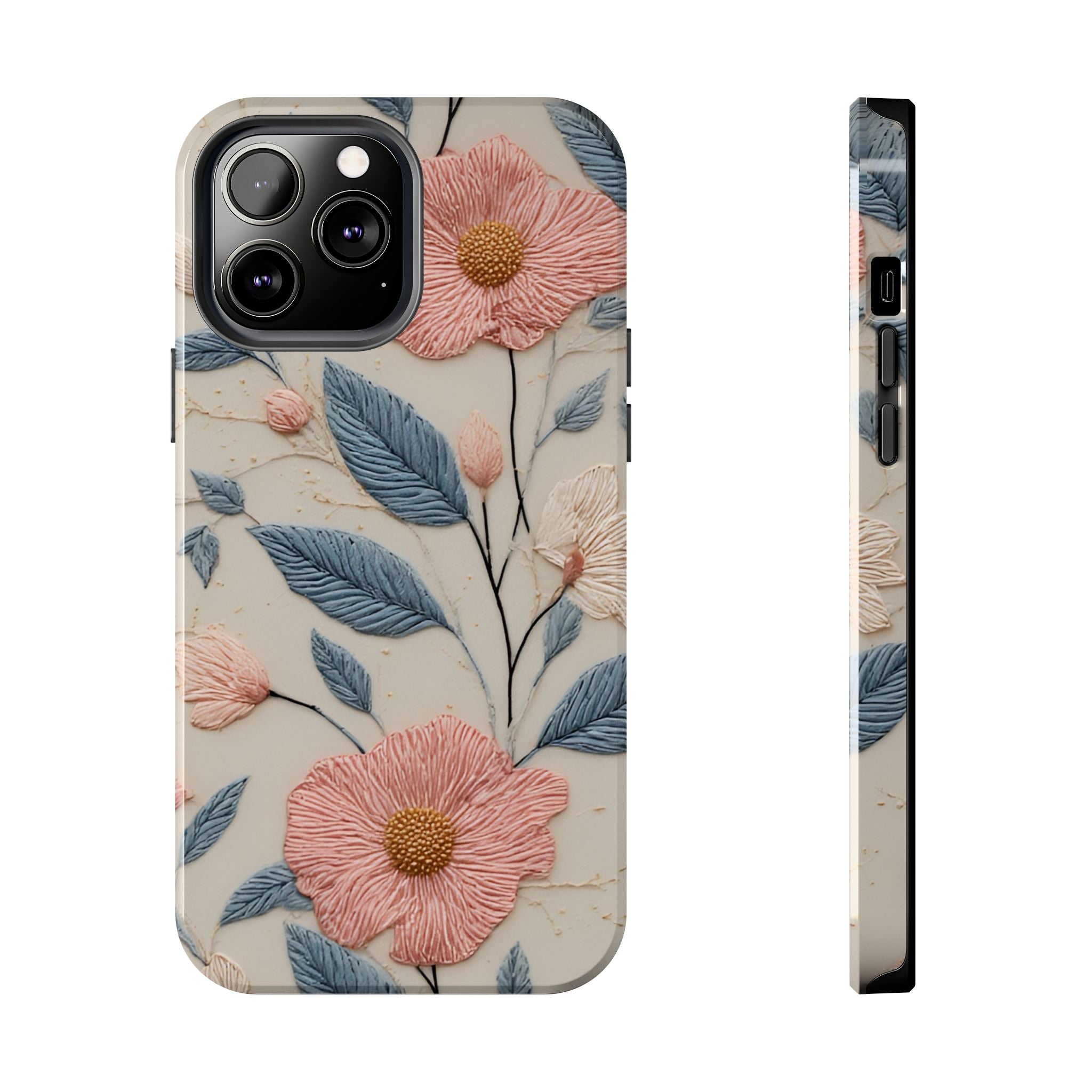 Floral Embroidered Tough Phone Case — Pink Blossom Protective Phone Cover