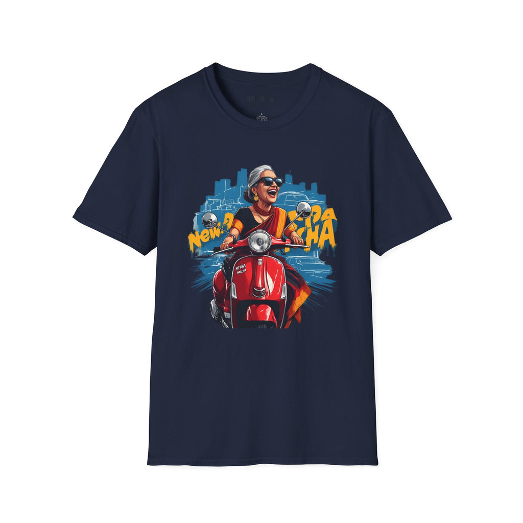 Newa Maicha Riding Scooter T-Shirt – Newari Woman in New York Graphic Tee, Cultural & Urban Design