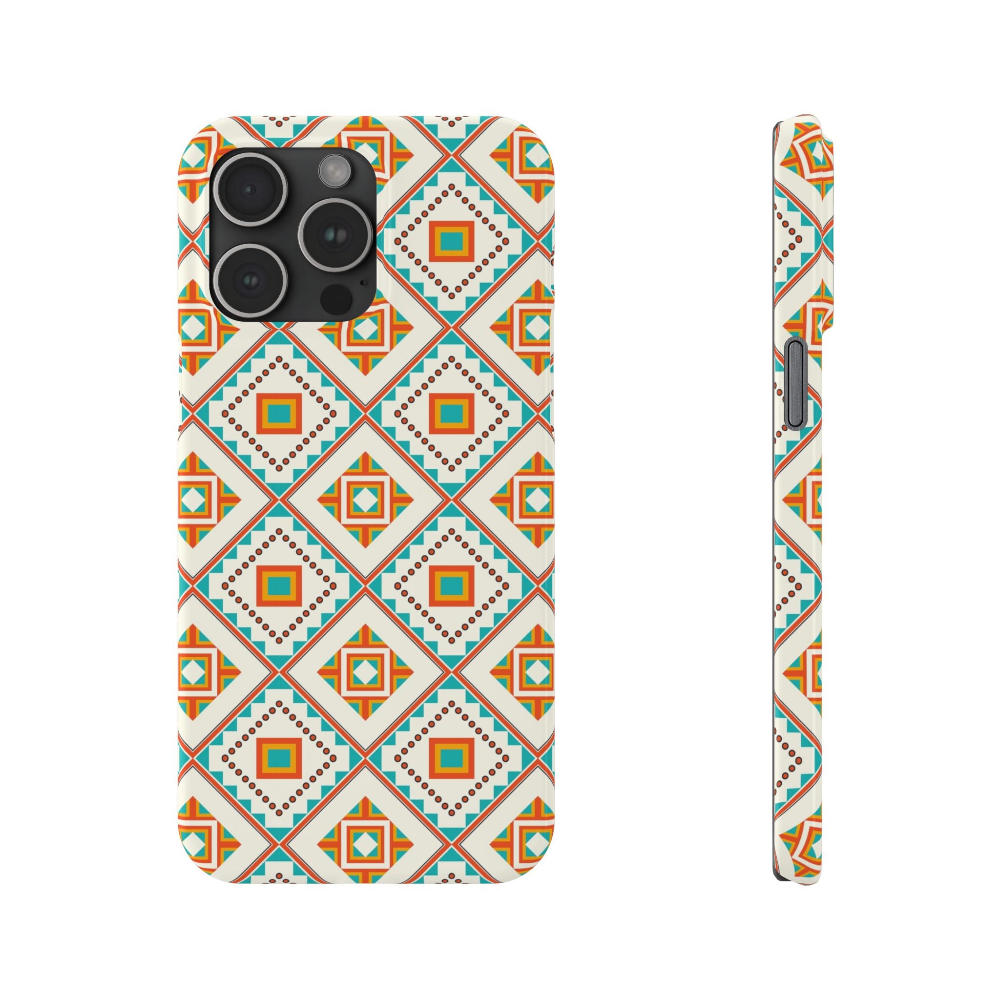 Slim Phone Case — Retro Geometric Tile Pattern (Turquoise & Orange)