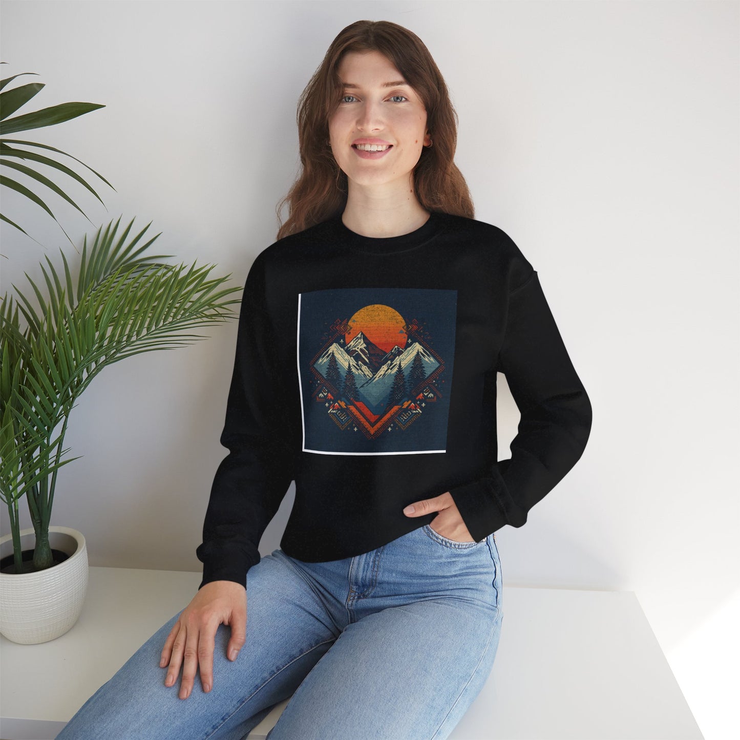 Mountain Sunset Crewneck Sweatshirt — Retro Geometric Peaks Graphic