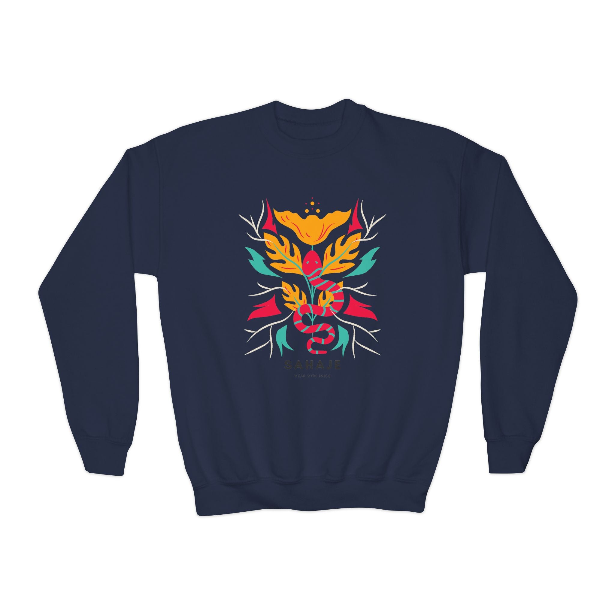 Youth Crewneck Sweatshirt — Vibrant Floral Snake Graphic “SAHAJE”