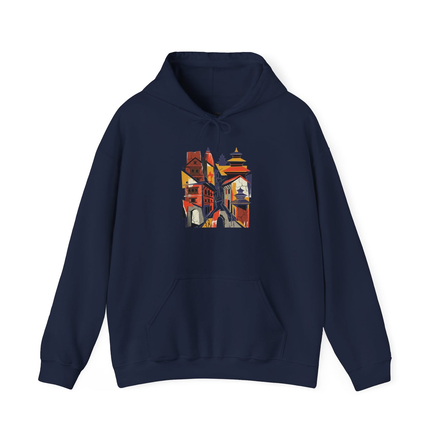 Cityscape Collage Hoodie — Colorful Urban Architecture Graphic Hoodie