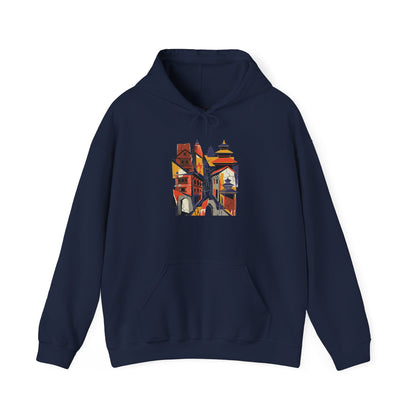 Cityscape Collage Hoodie — Colorful Urban Architecture Graphic Hoodie