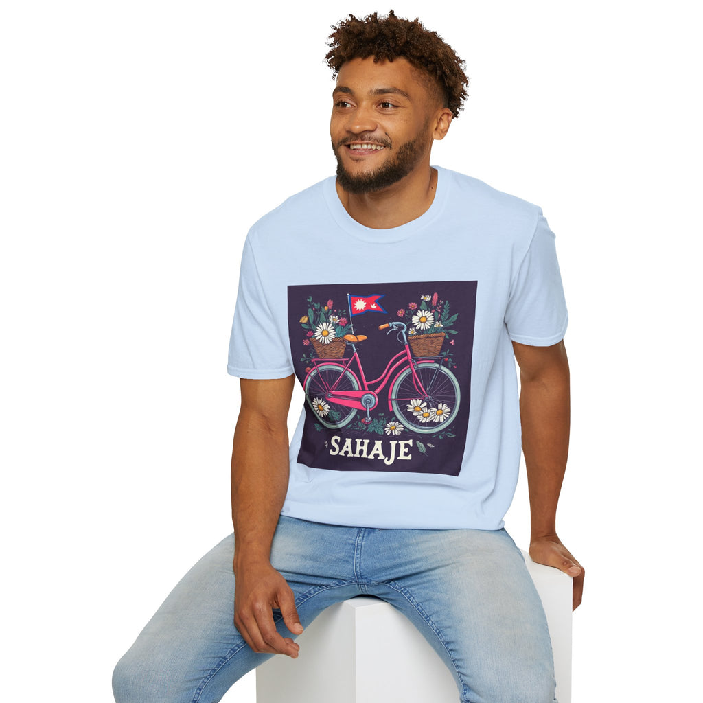 Bicycle Floral T-Shirt – Pink Bike with Baskets & "Sahaje" Text
