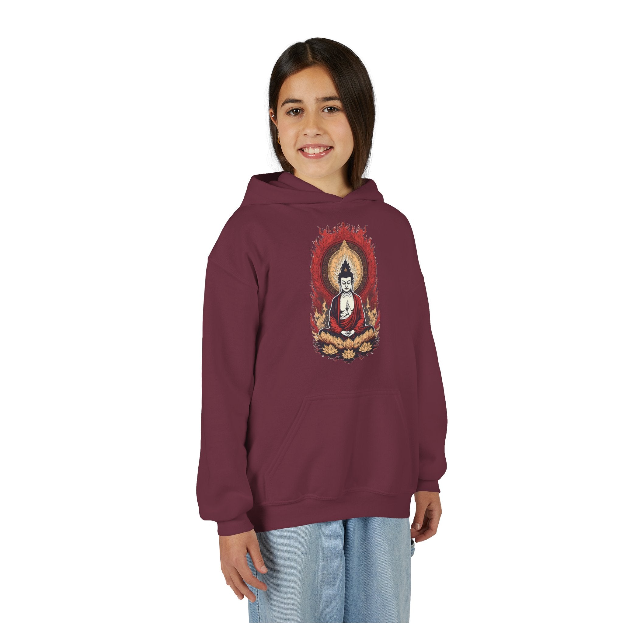Buddha Flame Youth Hoodie — Meditative Lotus Buddha Graphic Sweatshirt