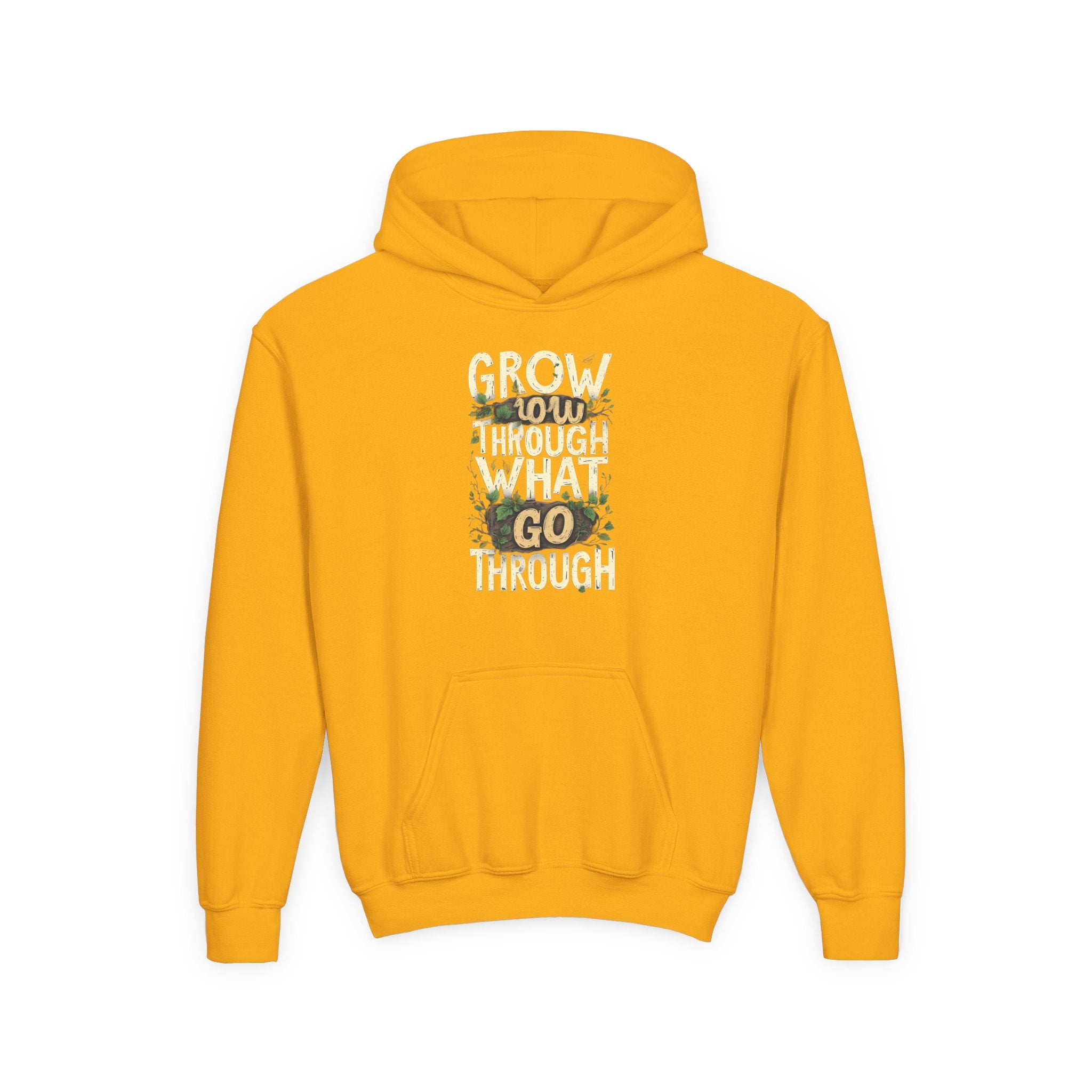 Youth Hoodie — 'Grow Slow, Go Through' Floral Motivational Hooded Sweatshirt