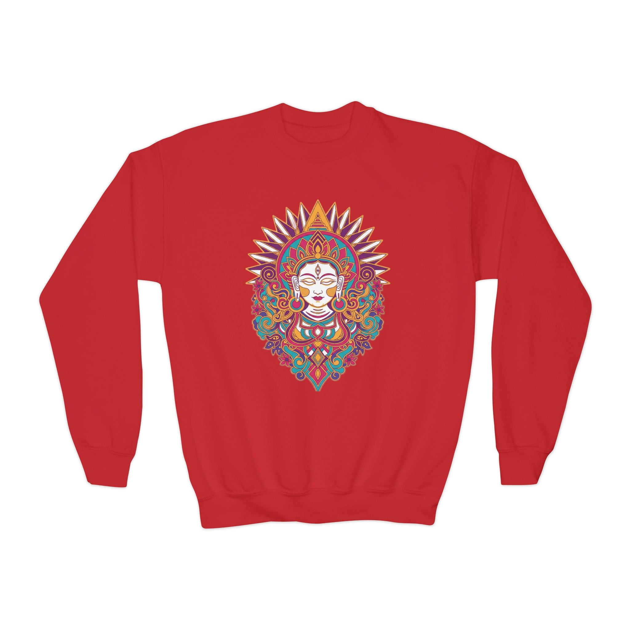 Youth Crewneck Sweatshirt — Colorful Boho Sun Goddess Graphic