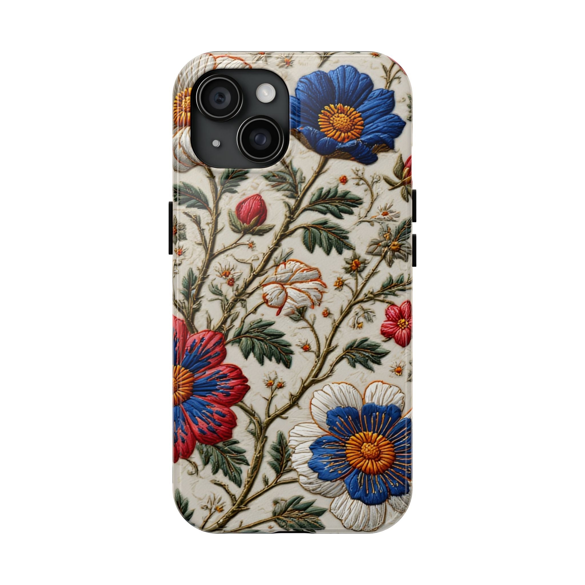 Floral Embroidery Tough Phone Case — Vintage Blue & Red Garden Design