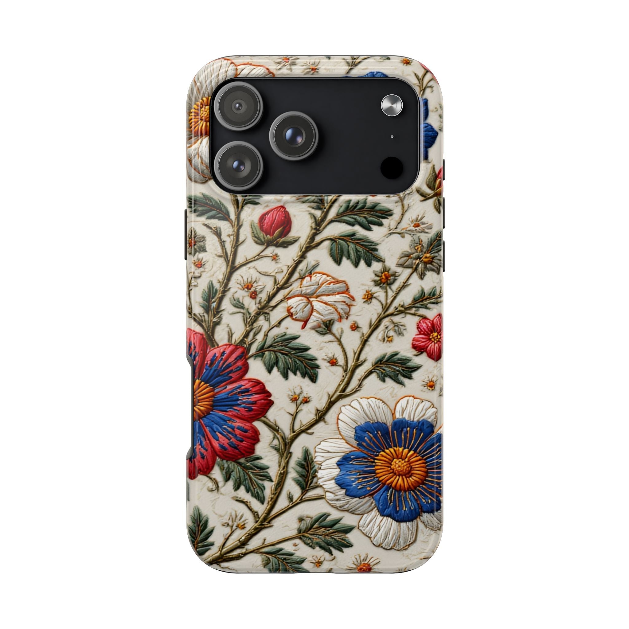 Floral Embroidery Tough Phone Case — Vintage Blue & Red Garden Design
