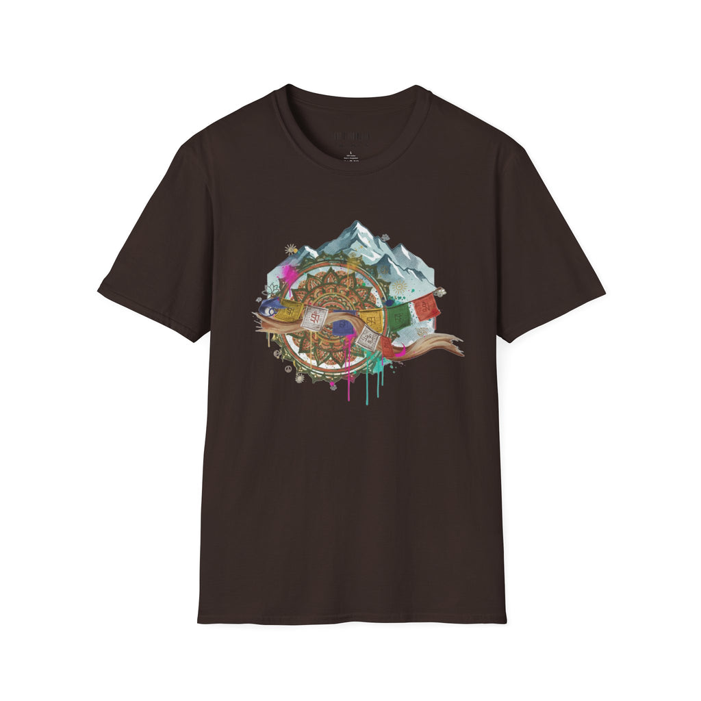 Adventure Compass T-Shirt — Mountain Compass with Prayer Flags & Colorful Globe