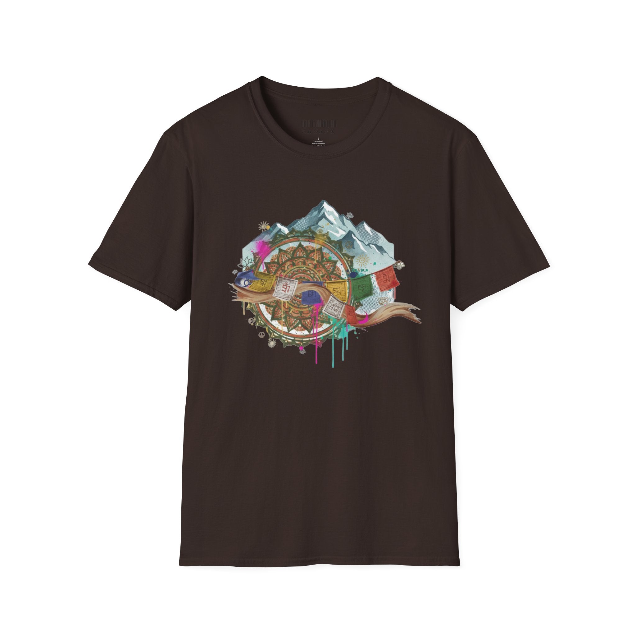 Adventure Compass T-Shirt — Mountain Compass with Prayer Flags & Colorful Globe
