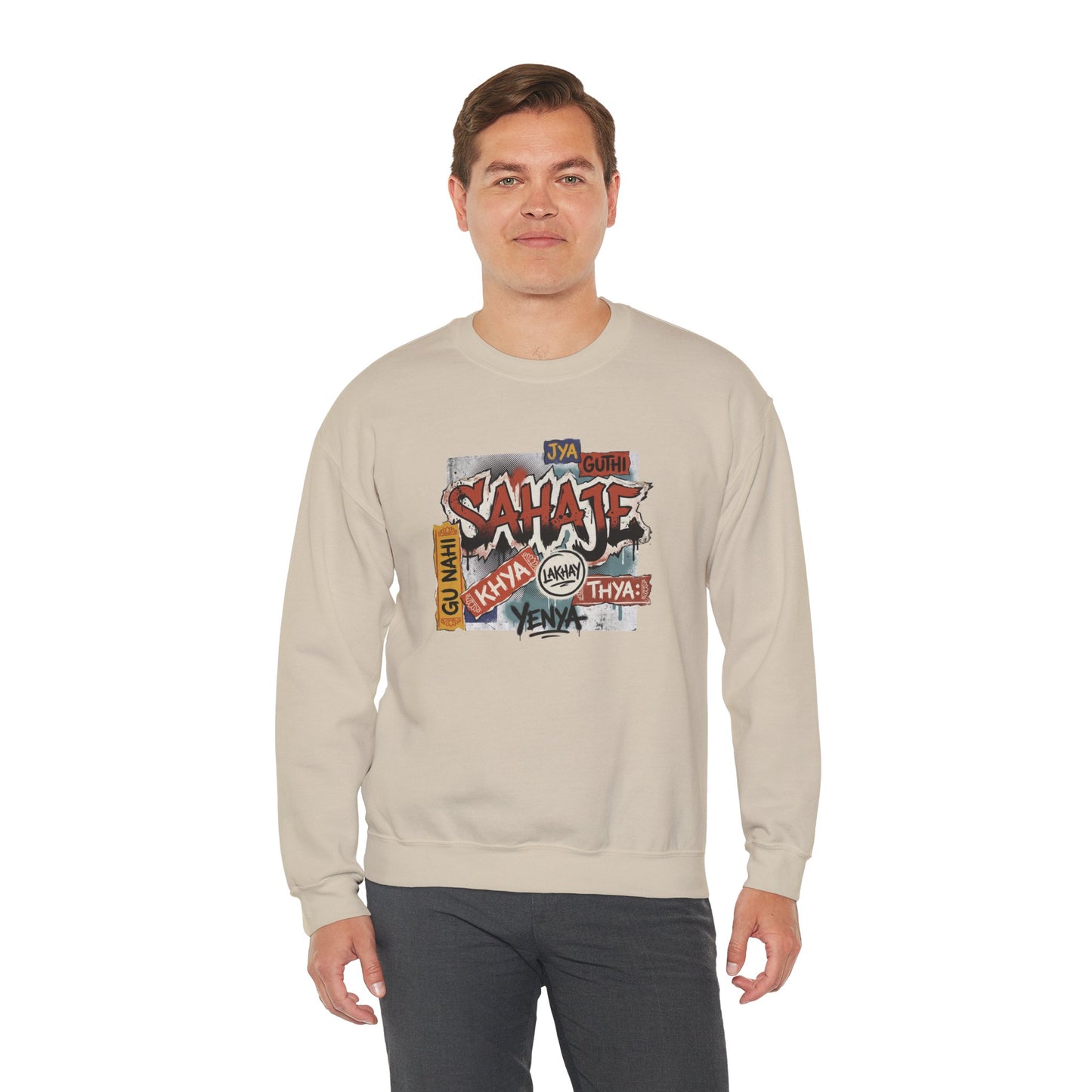 Crewneck Sweatshirt — 'Sahaje' Vintage Sticker Collage Graphic