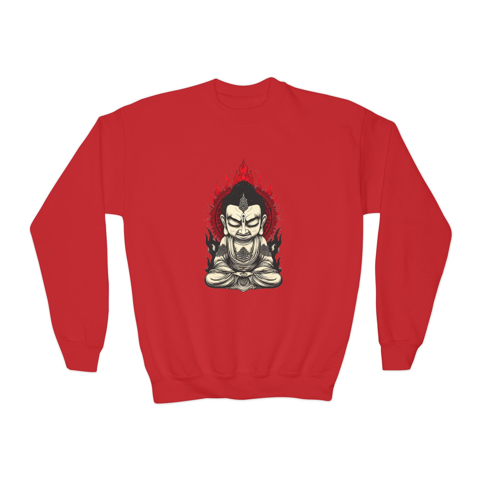 Flaming Meditating Buddha Youth Crewneck Sweatshirt — Zen Graphic Sweater for Kids