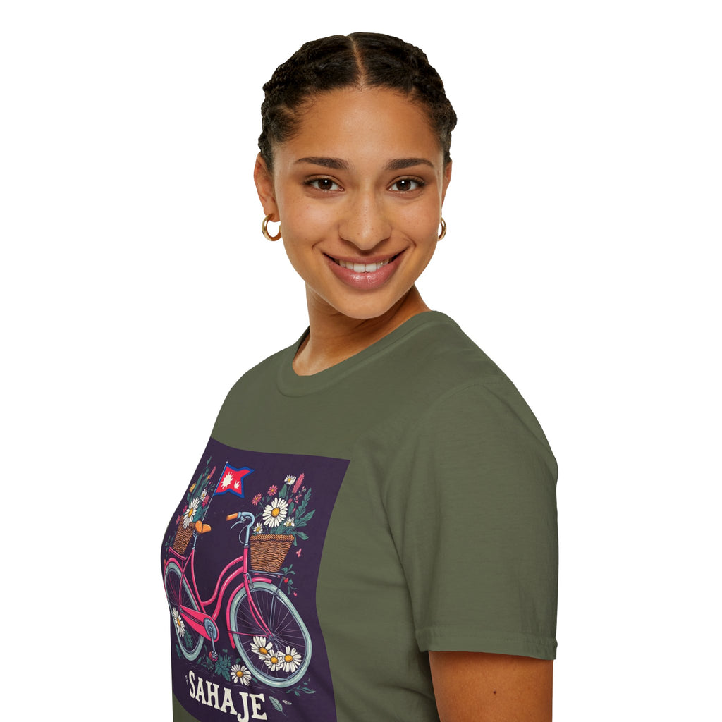 Bicycle Floral T-Shirt – Pink Bike with Baskets & "Sahaje" Text