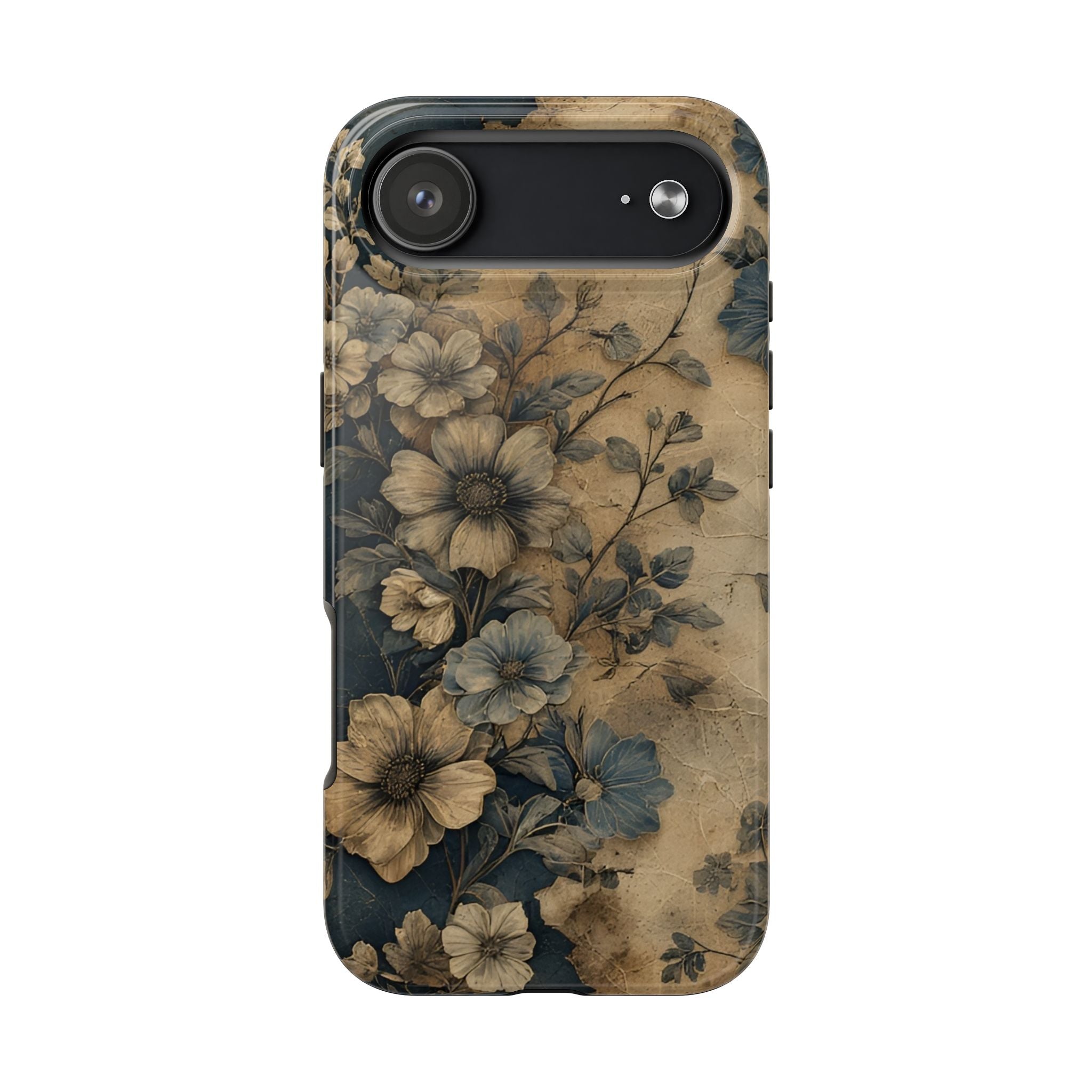 Vintage Floral Tough Phone Case — Antique Beige & Navy Protective Cover