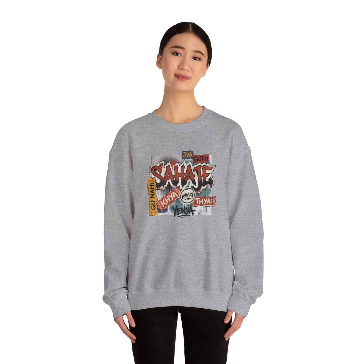 Crewneck Sweatshirt — 'Sahaje' Vintage Sticker Collage Graphic