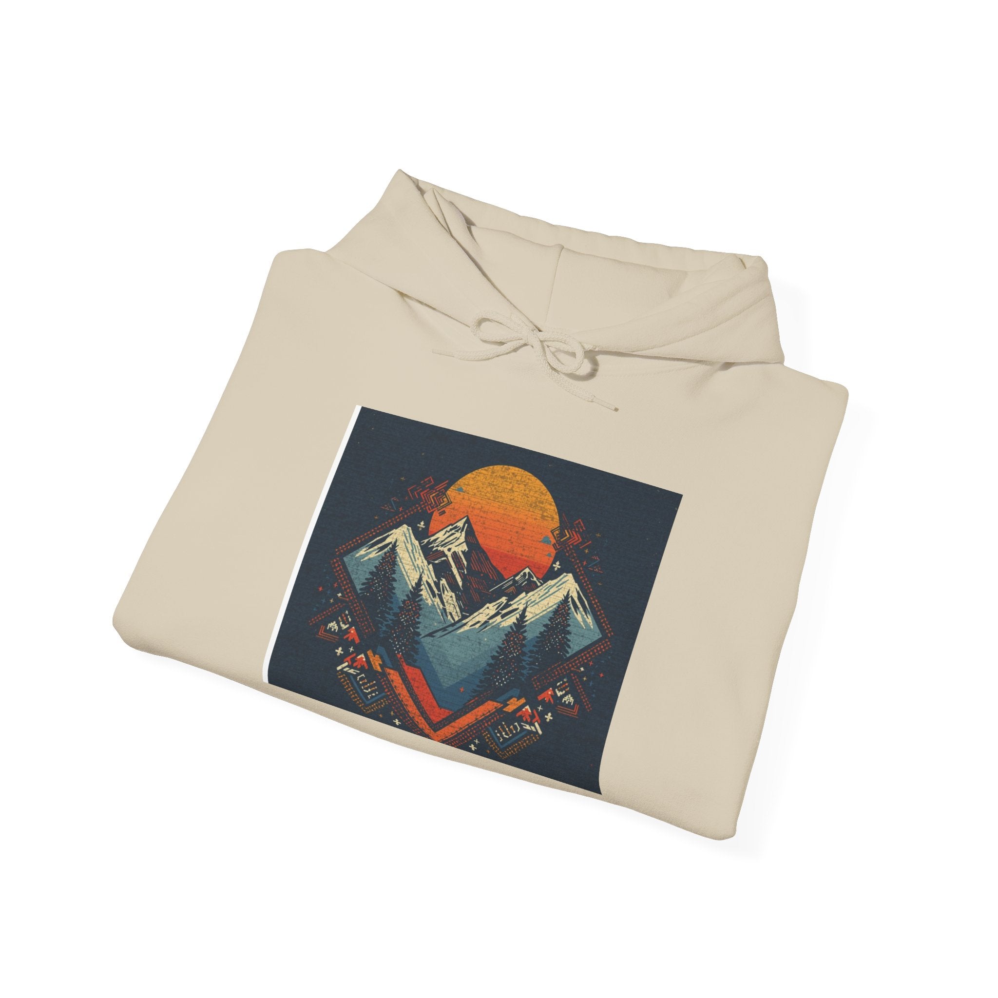 Mountain Sunset Hoodie – Retro Geometric Peaks & Rising Sun Sweatshirt