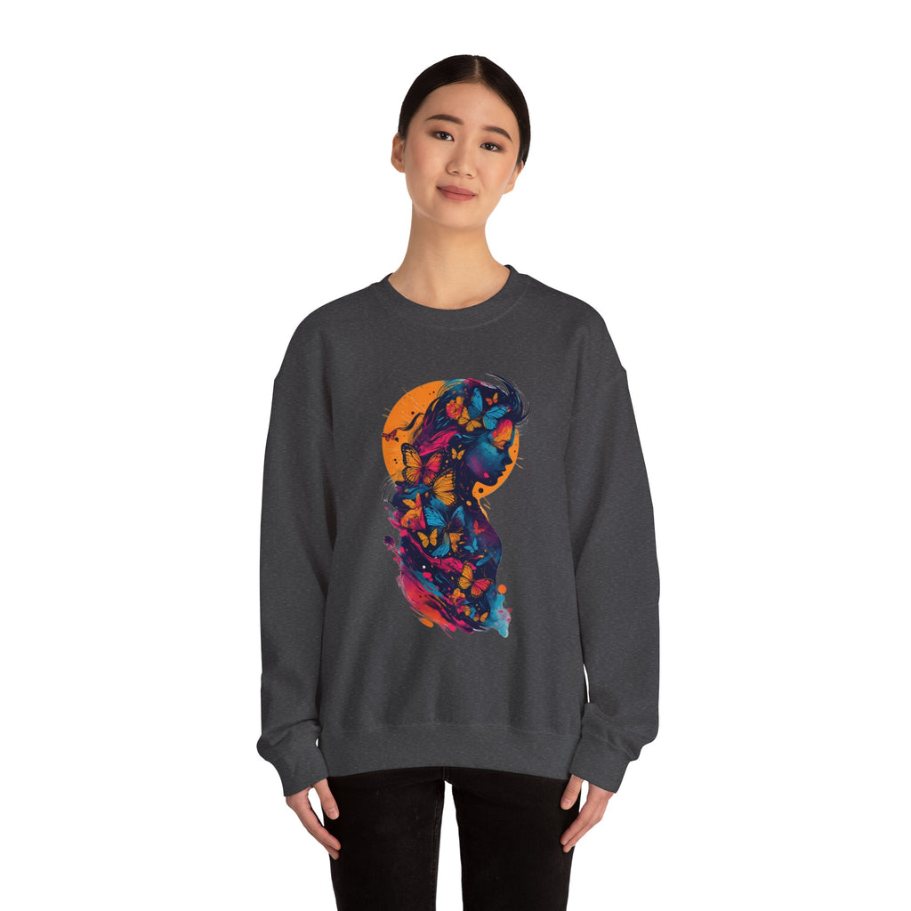 Butterfly Silhouette Crewneck Sweatshirt — Colorful Butterfly Profile Graphic