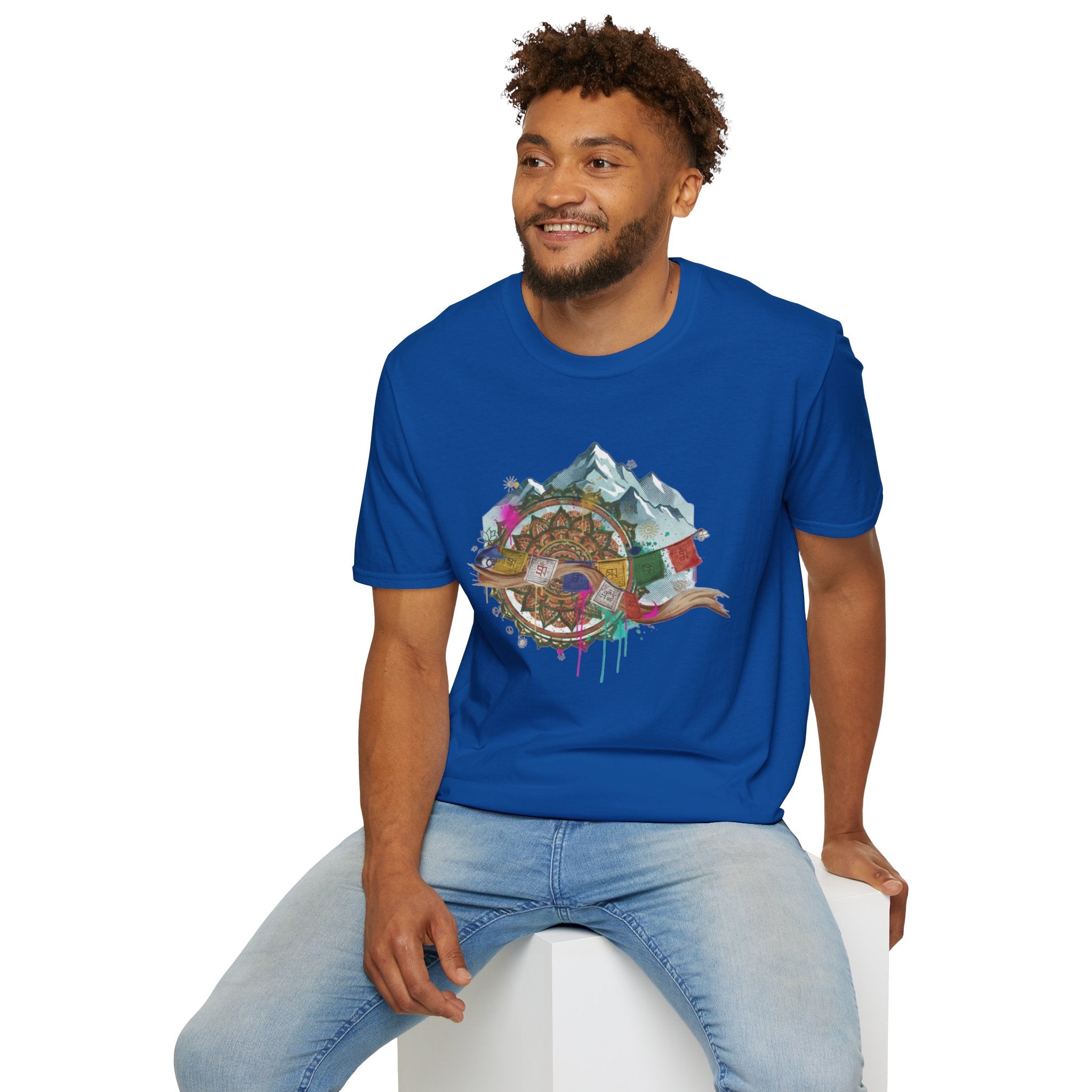 Adventure Compass T-Shirt — Mountain Compass with Prayer Flags & Colorful Globe