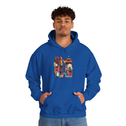 Cityscape Collage Hoodie — Colorful Urban Architecture Graphic Hoodie
