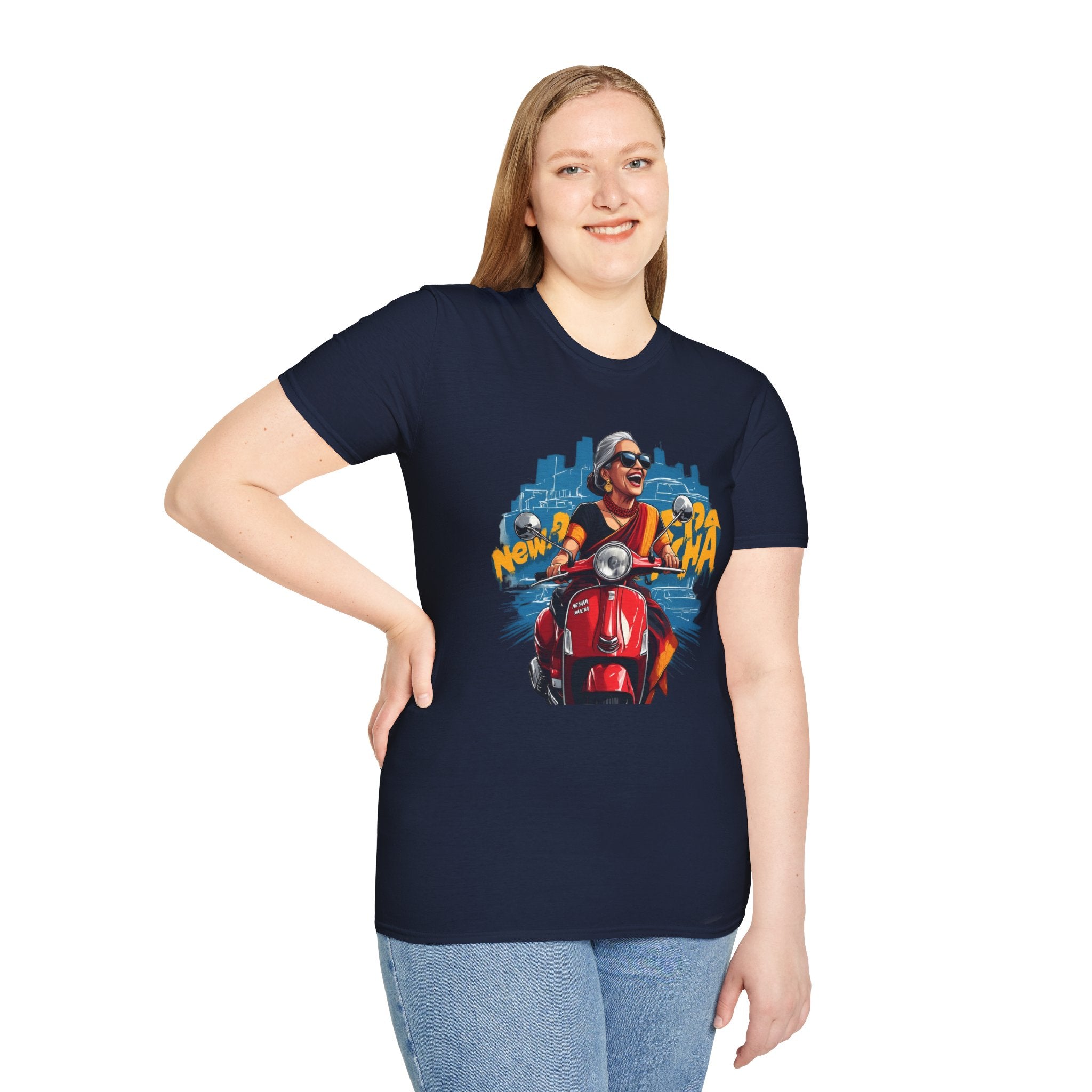 Newa Maicha Riding Scooter T-Shirt – Newari Woman in New York Graphic Tee, Cultural & Urban Design